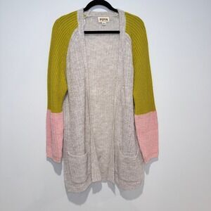 PEPIN Anthropologie Colorblock Cardigan Sweater Women Size L Mustard Yellow Pink